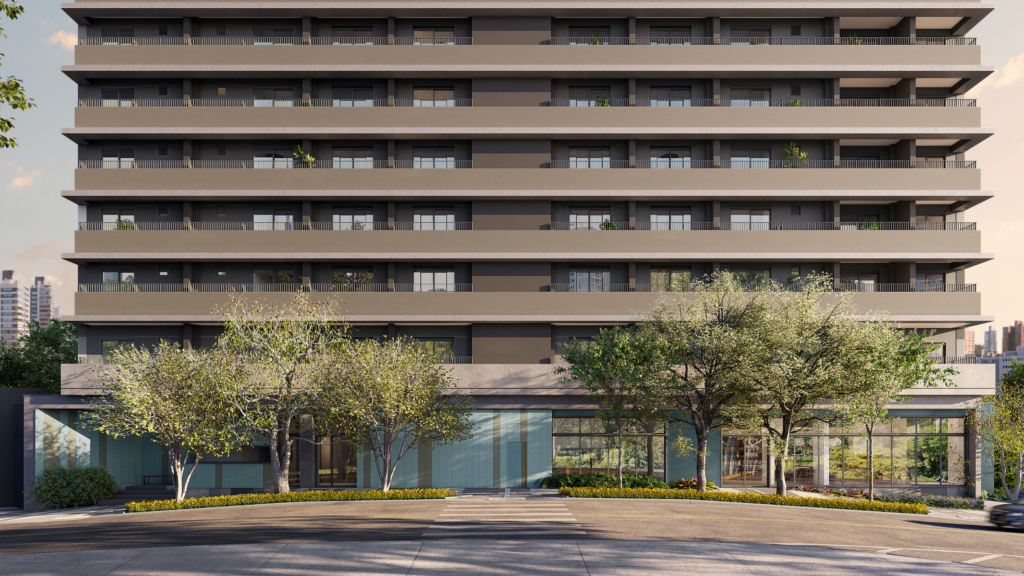 Fachada de um edifício de alto padrão com design moderno, grandes janelas de vidro e terraços verdes, destacando inovação e sustentabilidade na arquitetura de 2025.