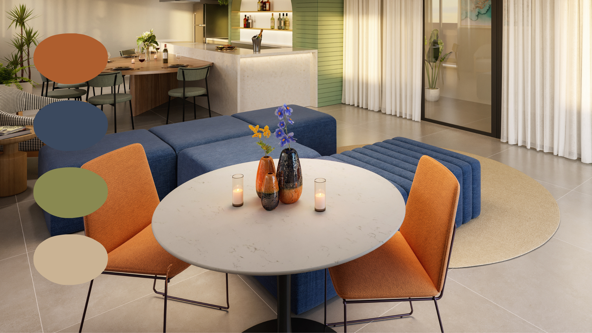 Apartamento compacto e moderno com design contemporâneo, valorizando cores quentes, iluminação aconchegante e integração de ambientes. O espaço combina elementos naturais, tons verdes e mobiliário funcional para um estilo de vida urbano sofisticado.