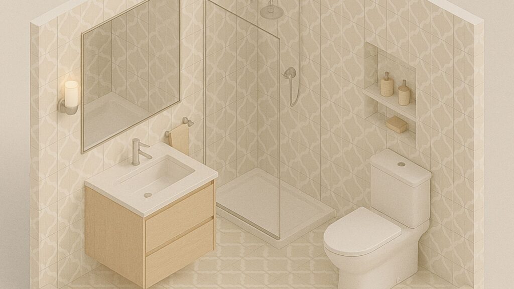 Banheiro minimalista com nichos embutidos, espelho amplo e cores neutras, projetado para maximizar a funcionalidade em espaços compactos.