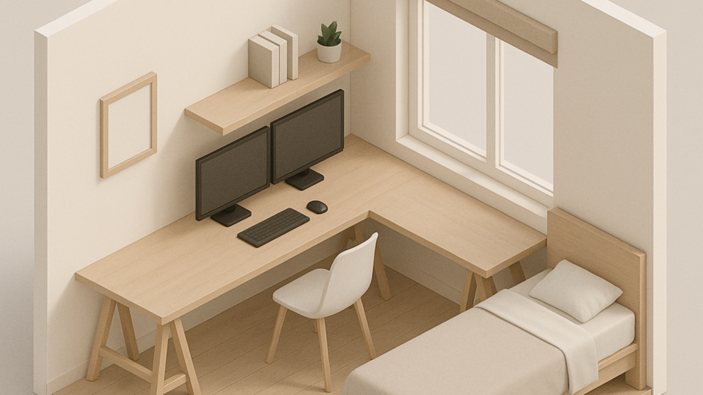 Quarto com cama de madeira clara com gavetas embutidas, iluminação suave e decoração minimalista, ideal para ambientes pequenos.