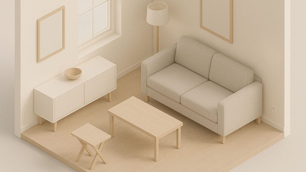 Sala minimalista com sofá cinza claro, mesa de centro em madeira clara e decoração clean, ideal para espaços compactos bem aproveitados.