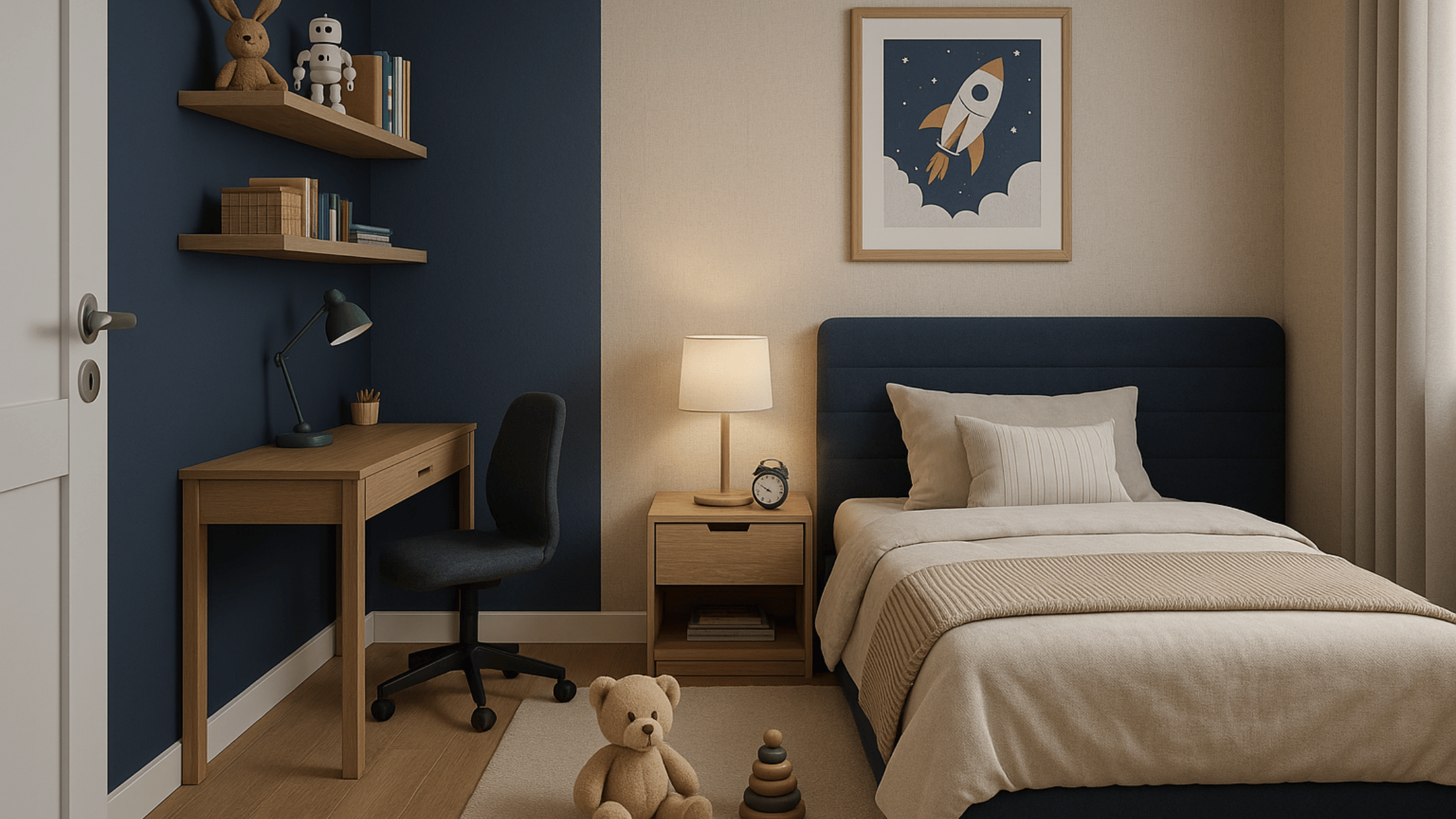 Quarto infantil moderno em tons neutros e azul-marinho, com cama de solteiro, escrivaninha de madeira, luminária e brinquedos no chão, criando um ambiente acolhedor e organizado.