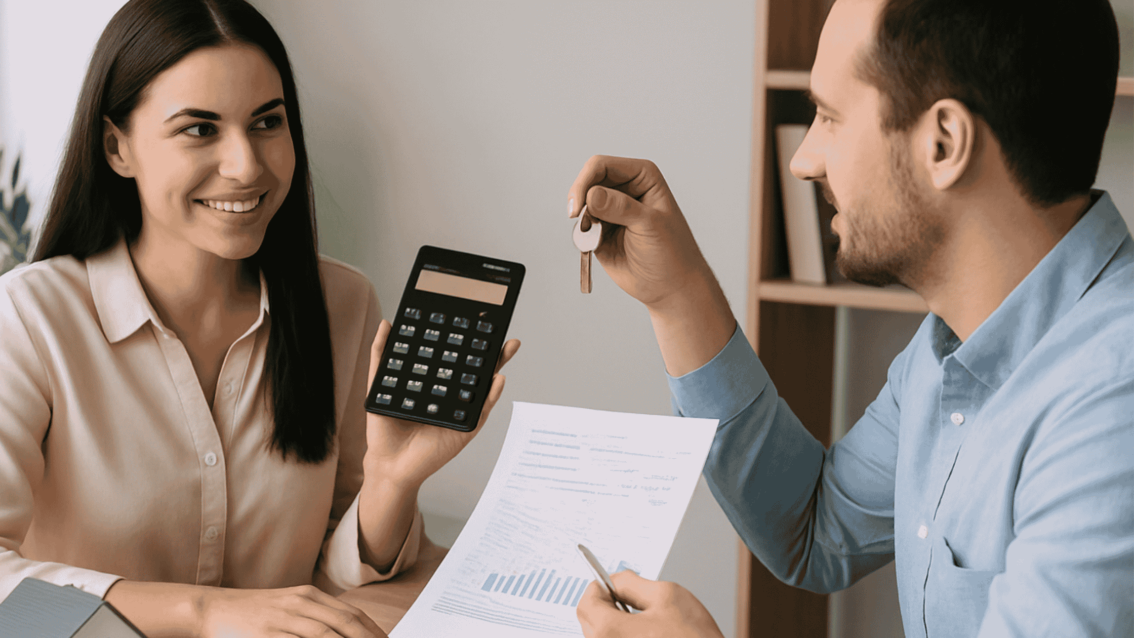 Casal discutindo financiamento imobiliário com contrato e chaves sobre a mesa, simbolizando as etapas da compra de imóvel com a Habitram