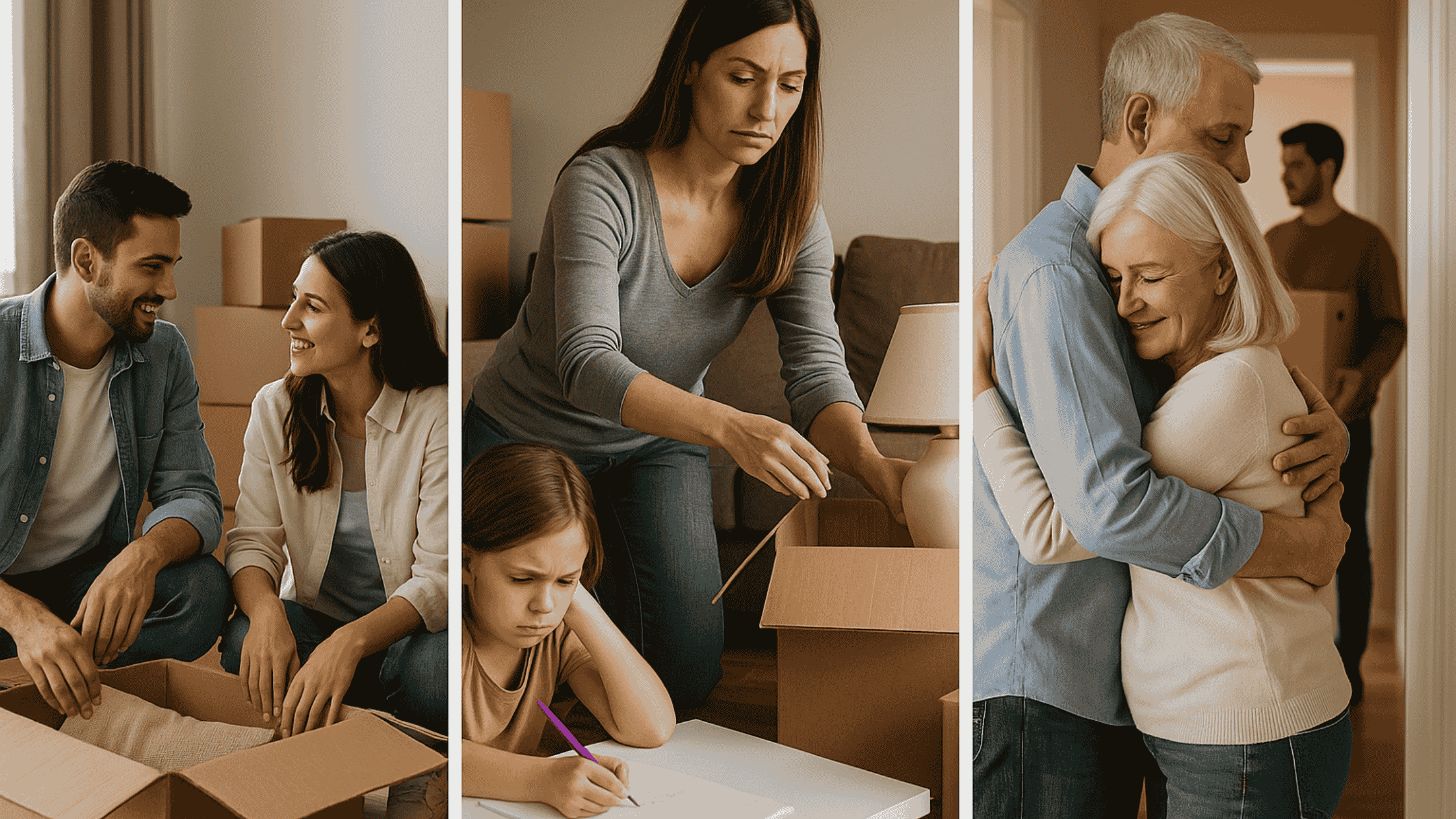 Família passando por diferentes fases da vida dentro de casa: casal jovem em mudança, pais com filha organizando caixas e casal idoso se despedindo do lar.