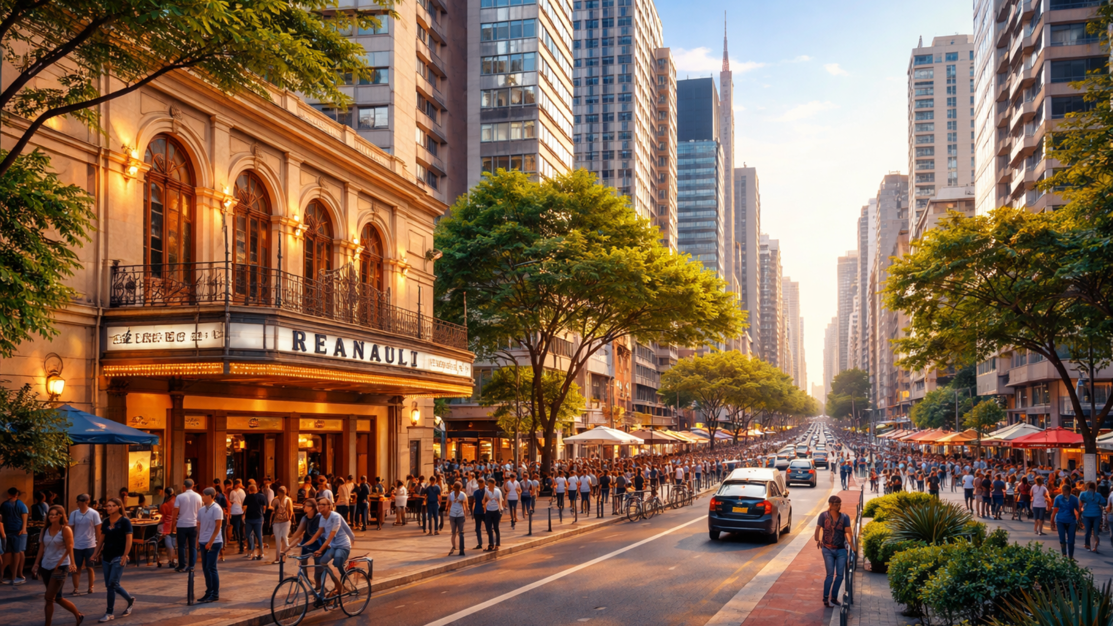 Cena urbana da Bela Vista em São Paulo com o Teatro Renault iluminado ao entardecer, mostrando pedestres, carros e movimento na Rua Brigadeiro Luís Antônio.