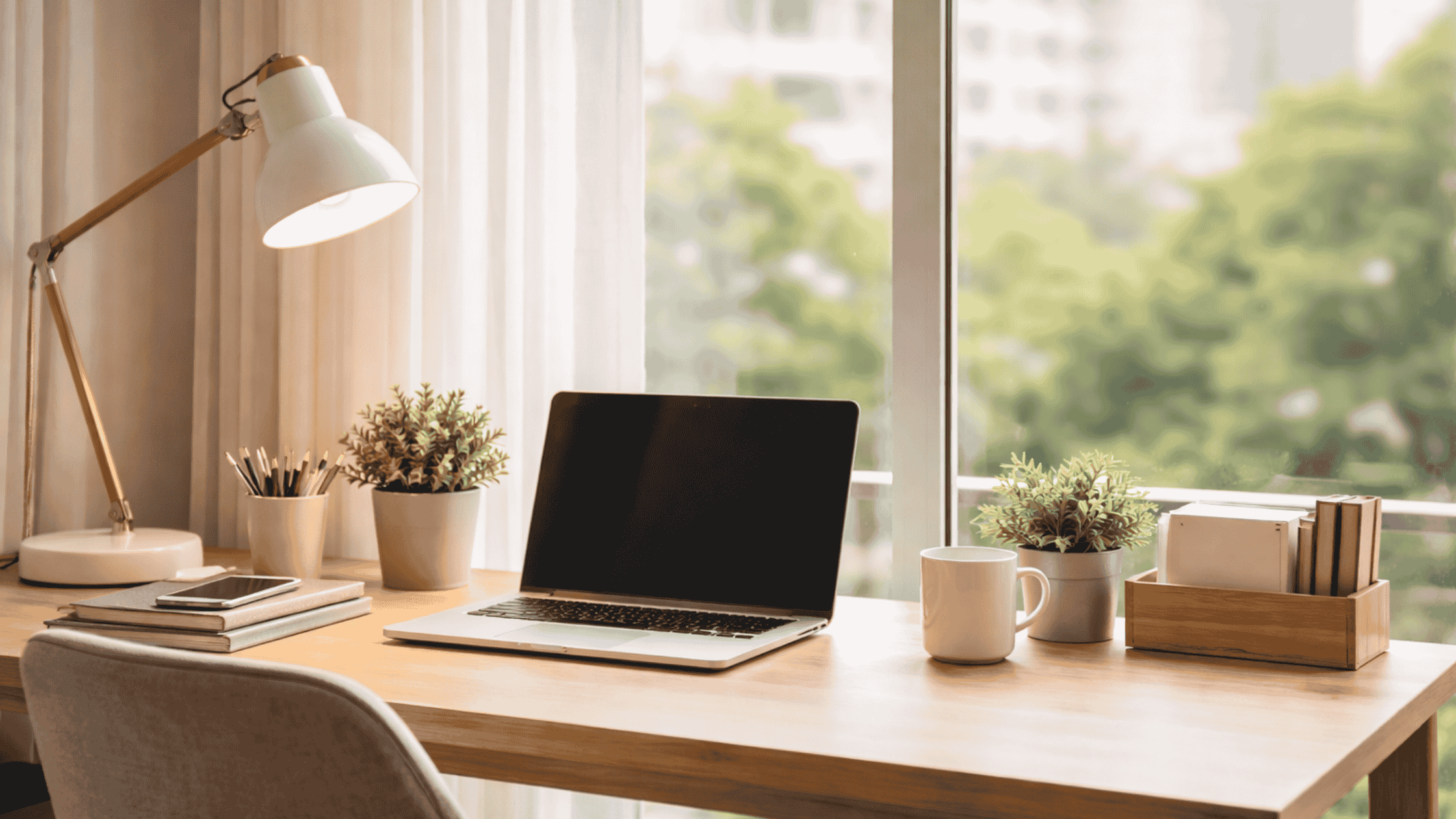 Espaço para home office em casa com mesa de trabalho organizada próxima à janela e iluminação natural.